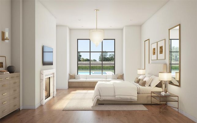 Bedroom, Fireplace, Interior, Pendant Lights, Recessed Lighting, Wood Texture Flooring