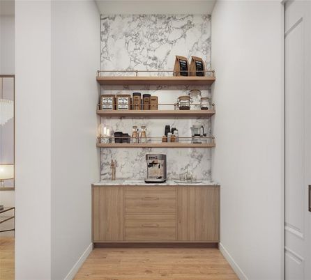 Interior, Marble Walls, Wood Texture Flooring