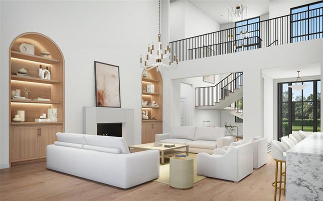 Fireplace, Interior, Living room, Pendant Lights, Wood Texture Flooring