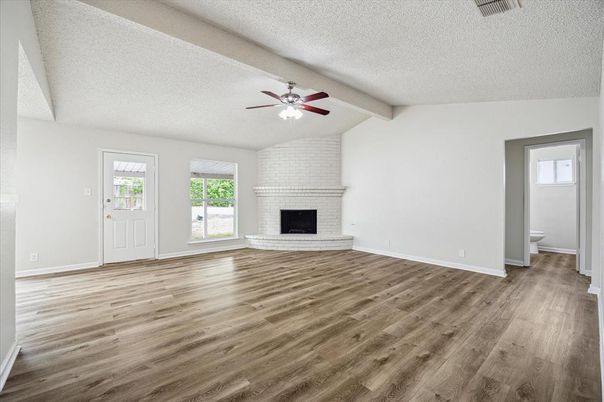 Empty room, Fireplace, Interior, Stone Walls, Wood Texture Flooring
