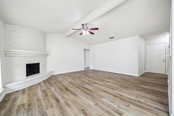 Empty room, Fireplace, Interior, Stone Walls, Wood Texture Flooring