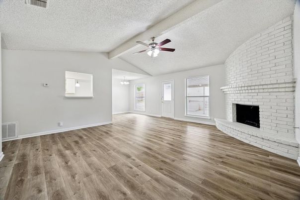 Empty room, Fireplace, Interior, Stone Walls, Wood Texture Flooring