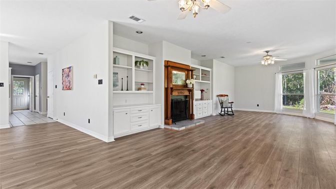 Empty room, Fireplace, Interior, Recessed Lighting, Wood Texture Flooring
