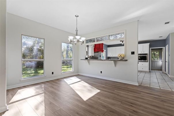 Chandelier, Empty room, Interior, Kitchen, Wood Texture Flooring