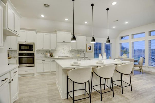 Dining room, Interior, Kitchen, Pendant Lights, Recessed Lighting, Stainless Steel Appliances, Wood Texture Flooring
