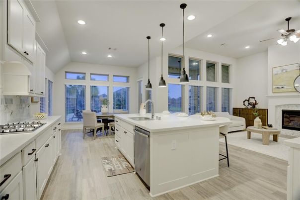 Dining room, Fireplace, Interior, Kitchen, Living room, Pendant Lights, Recessed Lighting, Wood Texture Flooring