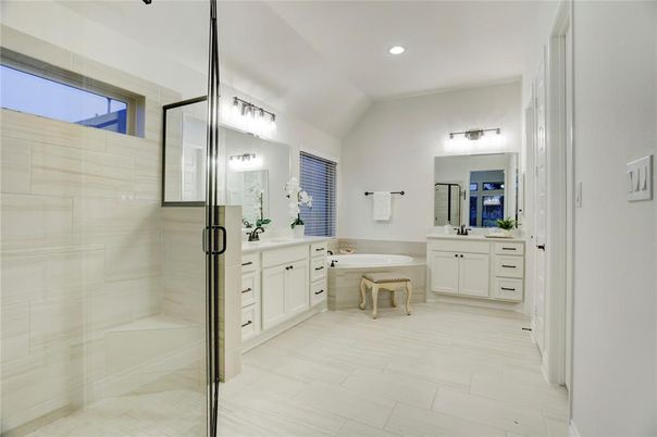 Bathroom, Dual Sink Vanities, Glass Shower, Interior, Recessed Lighting