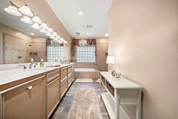 Bathroom, Chandelier, Dual Sink Vanities, Interior, Recessed Lighting, Wood Texture Flooring