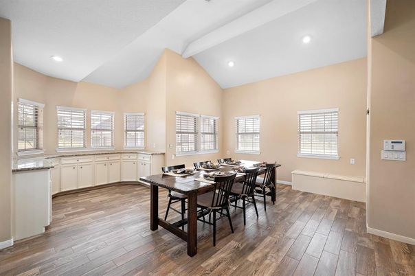 Dining room, Interior, Recessed Lighting, Wood Texture Flooring