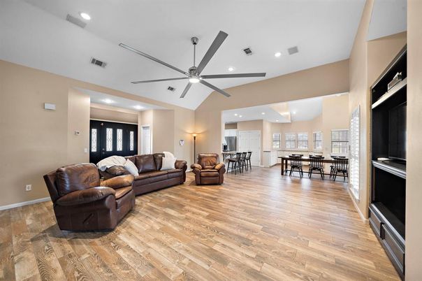 Dining room, Interior, Living room, Recessed Lighting, Wood Texture Flooring