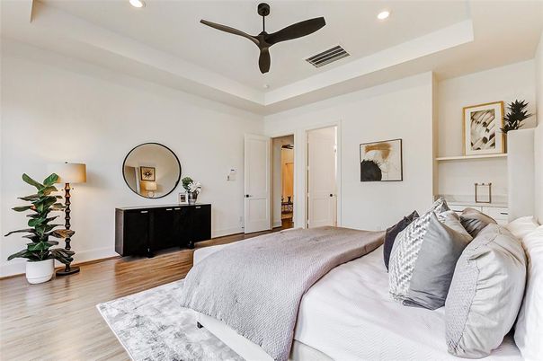 Bedroom, Interior, Recessed Lighting, Wood Texture Flooring