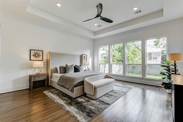 Bedroom, Interior, Recessed Lighting, Wood Texture Flooring