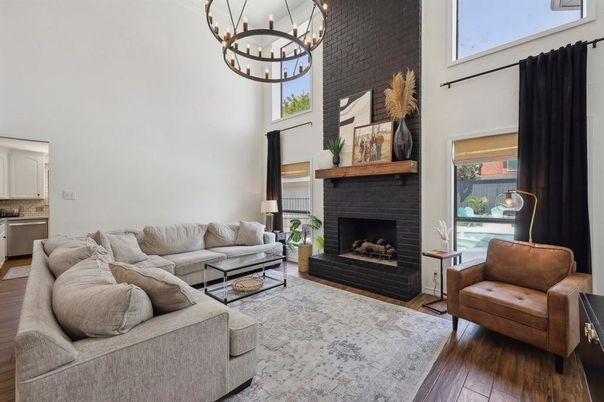 Chandelier, Fireplace, Interior, Living room, Wood Texture Flooring