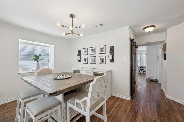 Dining room, Interior, Pendant Lights, Wood Texture Flooring