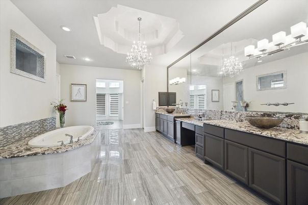 Bathroom, Chandelier, Dual Sink Vanities, Interior, Recessed Lighting