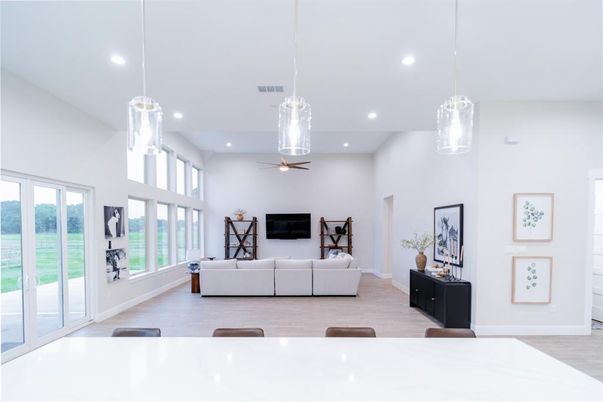 Interior, Living room, Pendant Lights, Recessed Lighting, Wood Texture Flooring