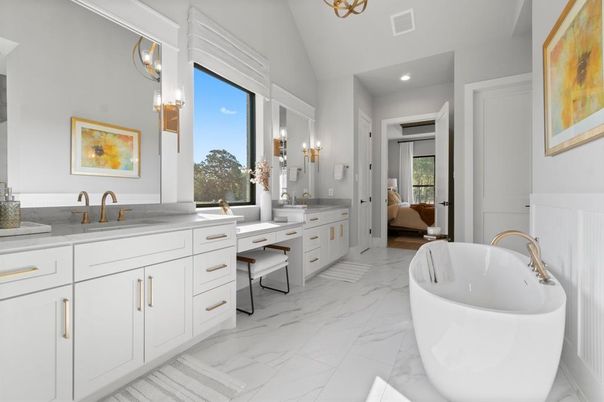 Bathroom, Dual Sink Vanities, Free Standing Baths, Interior, Marble, Recessed Lighting