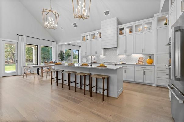 Dining room, Interior, Kitchen, Pendant Lights, Stainless Steel Appliances, Wood Texture Flooring