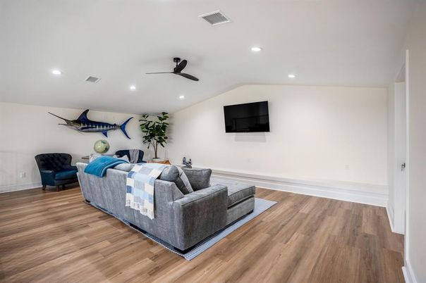 Bedroom, Interior, Living room, Recessed Lighting, Wood Texture Flooring