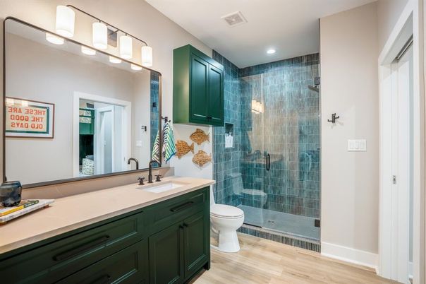 Bathroom, Glass Shower, Interior, Recessed Lighting, Wood Texture Flooring