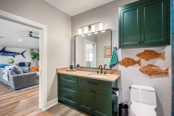 Bathroom, Interior, Recessed Lighting, Wood Texture Flooring