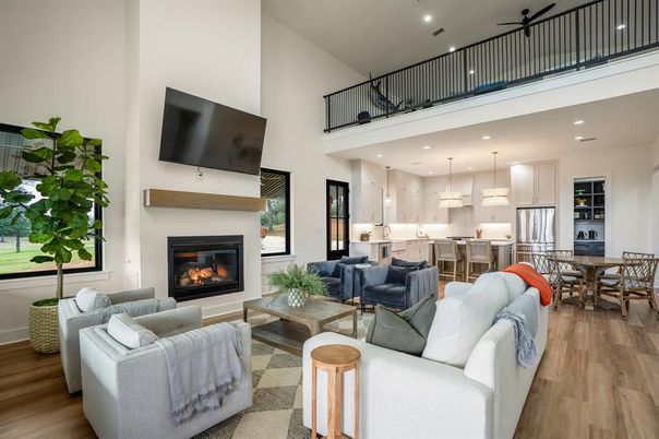 Dining room, Fireplace, Interior, Kitchen, Living room, Pendant Lights, Recessed Lighting, Wood Texture Flooring
