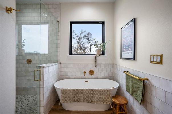 Bathroom, Free Standing Baths, Glass Shower, Interior, Wood Texture Flooring