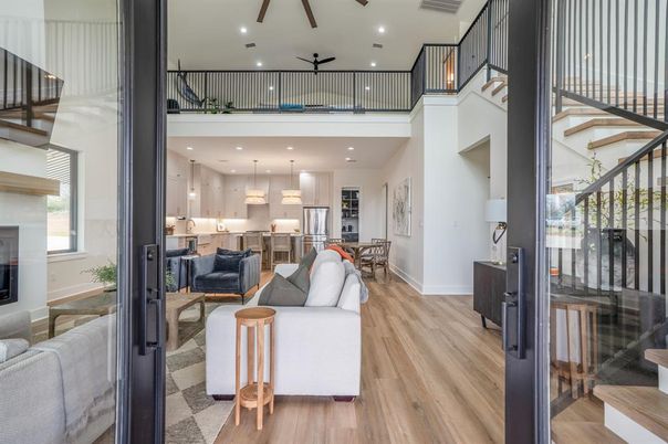 Dining room, Fireplace, Interior, Kitchen, Living room, Pendant Lights, Recessed Lighting, Wood Texture Flooring