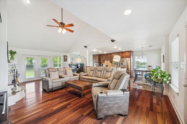 Dining room, Interior, Kitchen, Living room, Pendant Lights, Recessed Lighting, Wood Texture Flooring