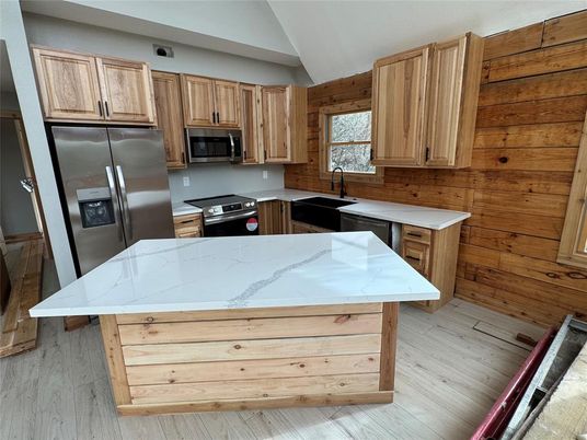 Interior, Kitchen, Stainless Steel Appliances, Wood Texture Flooring, Wooden Walls