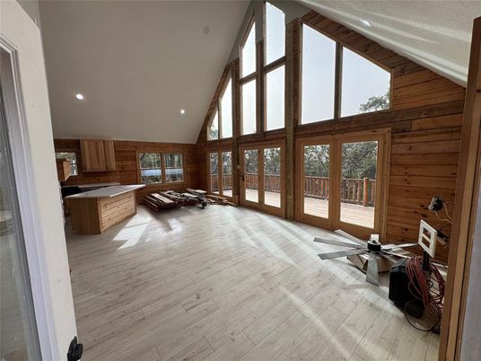 Interior, Kitchen, Recessed Lighting, Wood Texture Flooring, Wooden Walls