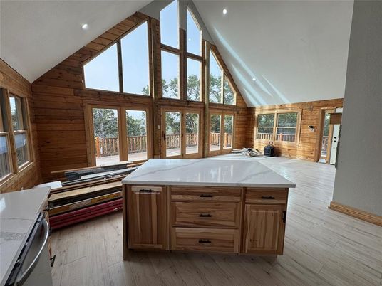 Interior, Kitchen, Recessed Lighting, Wood Texture Flooring, Wooden Walls