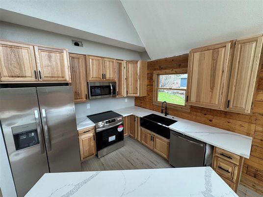 Interior, Kitchen, Stainless Steel Appliances, Wood Texture Flooring, Wooden Walls