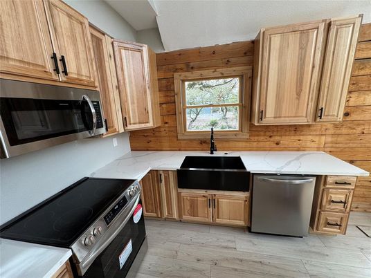 Interior, Kitchen, Stainless Steel Appliances, Wood Texture Flooring, Wooden Walls