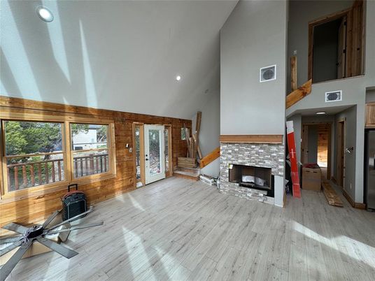 Fireplace, Interior, Recessed Lighting, Wood Texture Flooring, Wooden Walls