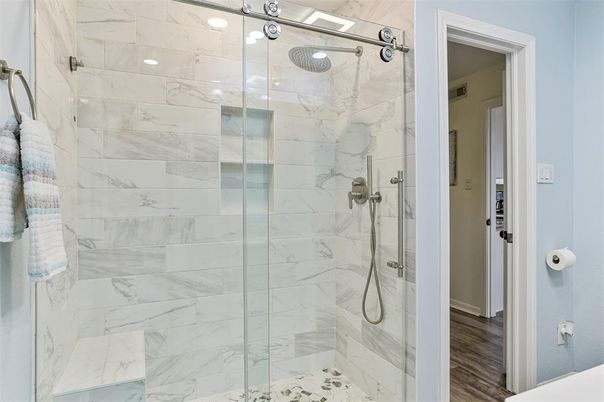 Bathroom, Glass Shower, Interior, Marble Walls, Wood Texture Flooring