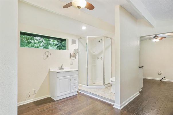 Bathroom, Glass Shower, Interior, Recessed Lighting, Wood Texture Flooring
