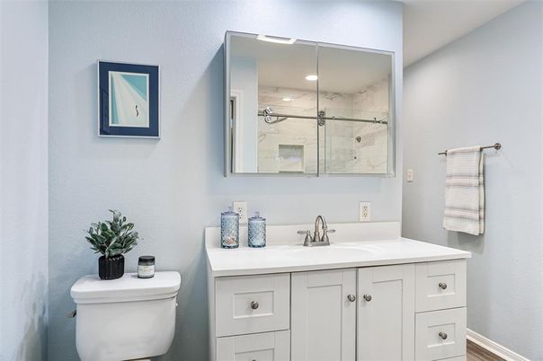 Bathroom, Glass Shower, Interior, Marble Walls, Recessed Lighting