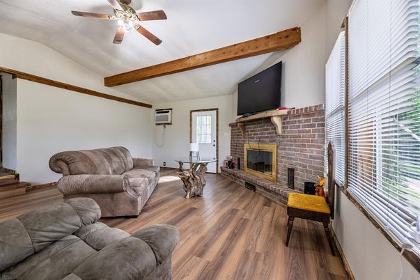 Fireplace, Interior, Living room, Wooden Beams, Wood Texture Flooring
