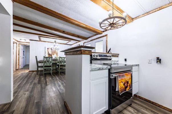 Chandelier, Dining room, Interior, Kitchen, Pendant Lights, Wooden Beams, Wood Texture Flooring