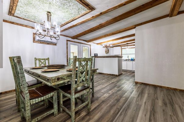 Chandelier, Dining room, Interior, Wooden Beams, Wood Texture Flooring