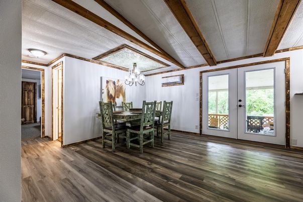 Chandelier, Dining room, Interior, Wooden Beams, Wood Texture Flooring