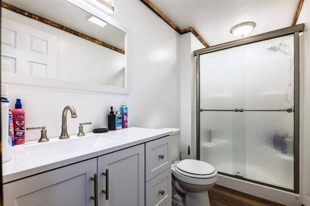 Bathroom, Glass Shower, Interior, Wood Texture Flooring