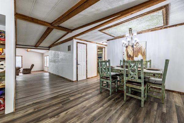 Chandelier, Dining room, Interior, Wooden Beams, Wood Texture Flooring