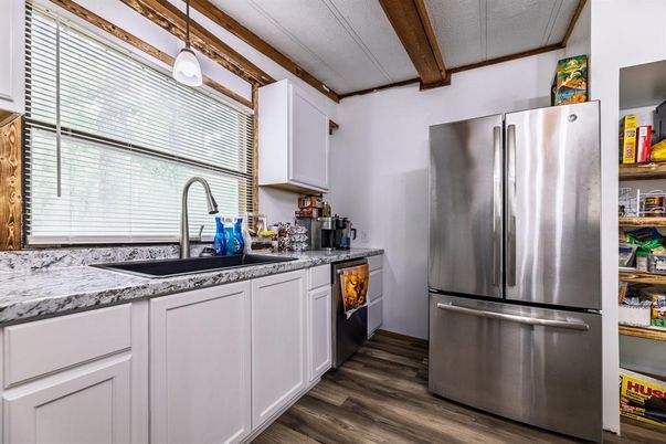 Interior, Kitchen, Pendant Lights, Stainless Steel Appliances, Wooden Beams, Wood Texture Flooring