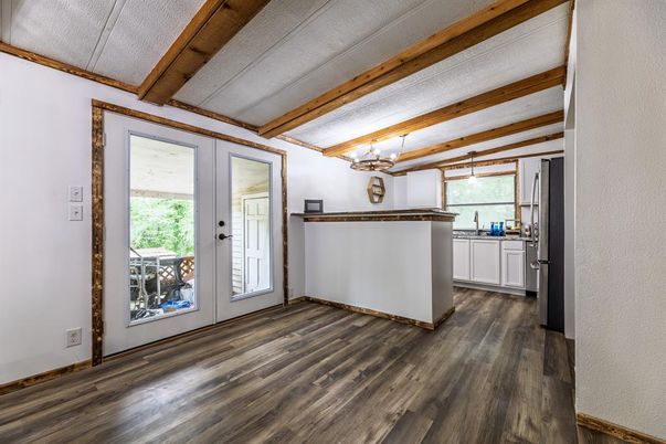Empty room, Interior, Pendant Lights, Wooden Beams, Wood Texture Flooring