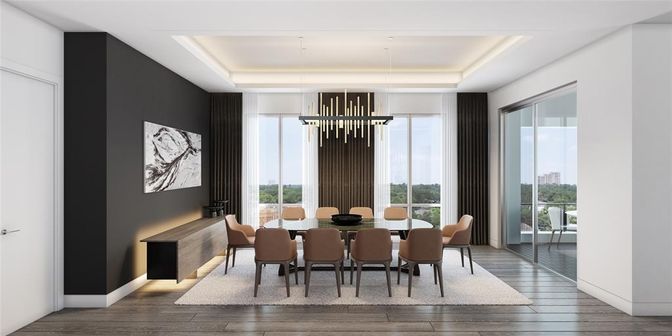 Dining room, Interior, Pendant Lights, Wood Texture Flooring