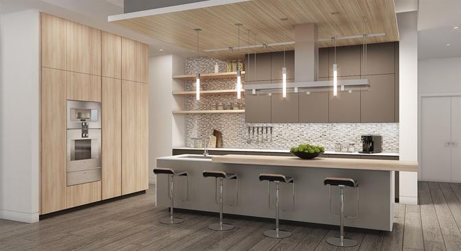 Interior, Kitchen, Pendant Lights, Recessed Lighting, Stainless Steel Appliances, Wooden Ceilings, Wood Texture Flooring