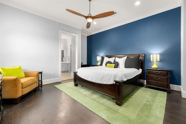 Bedroom, Interior, Recessed Lighting, Wood Texture Flooring