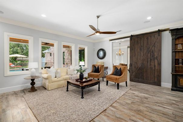 Chandelier, Interior, Living room, Recessed Lighting, Wood Texture Flooring